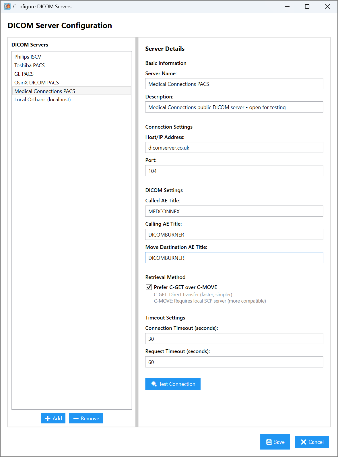 DICOM Burner PACS server configuration screen showing AE titles and connection settings